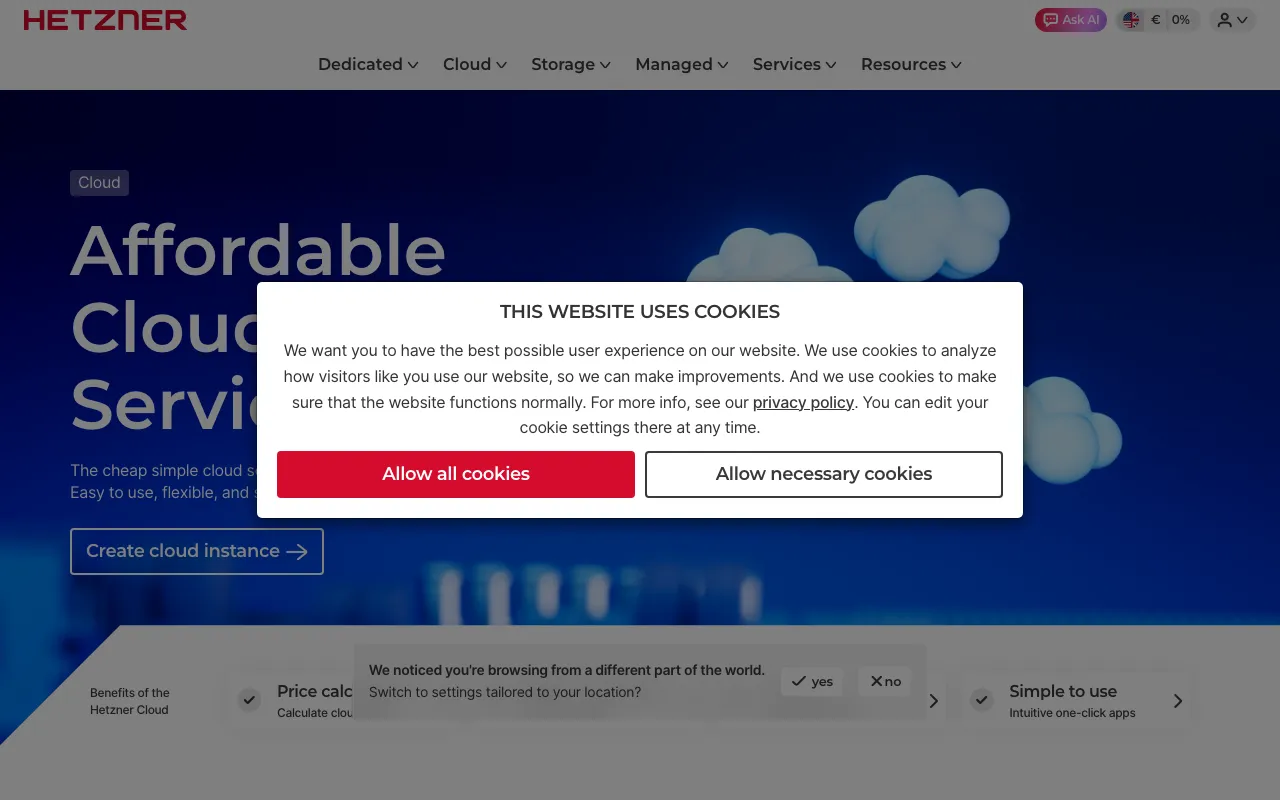 Hetzner Cloud Live Website & Control Panel Screenshot